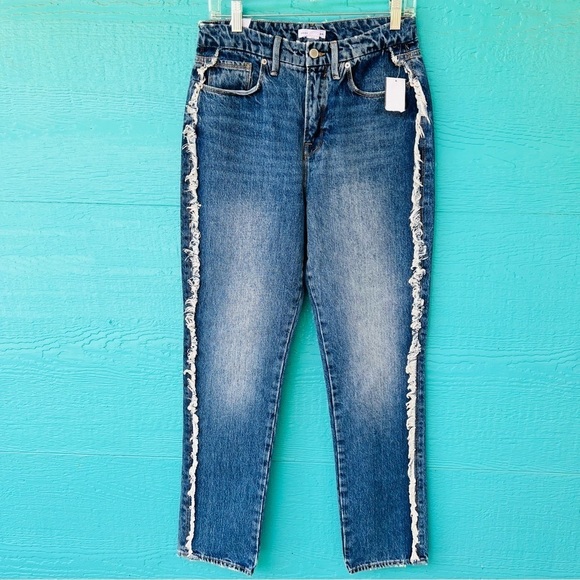 GOOD AMERICAN GOOD BOY FRINGE STRAIGHT LEG JEANS SIZE 27 NWT - Picture 11 of 12